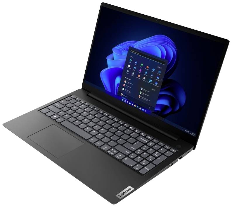 Laptop mit geöffnetem Bildschirm zeigt das Windows-Startmenü. Schlichtes, modernes Design mit schwarzer Tastatur und blauer Bildschirmoberfläche.