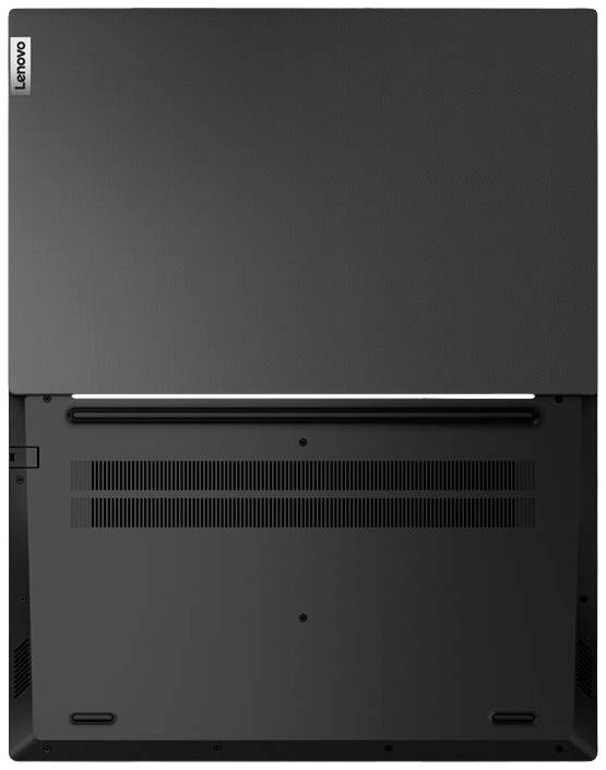 Unterseite eines Laptops von Lenovo mit Lüftungsschlitzen und Scharnieren sichtbar.