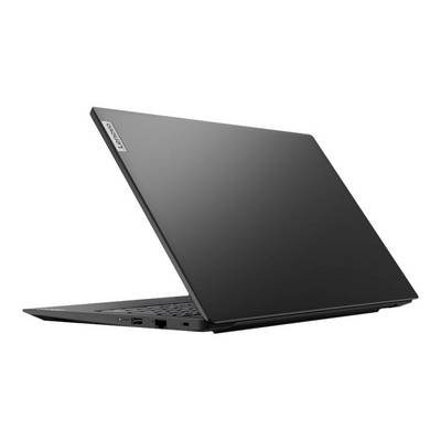 Ein schwarzer Laptop, leicht geöffnet, zeigt die linke Seite mit USB-Anschlüssen. Auf der Rückseite ist ein Markenlogo erkennbar.