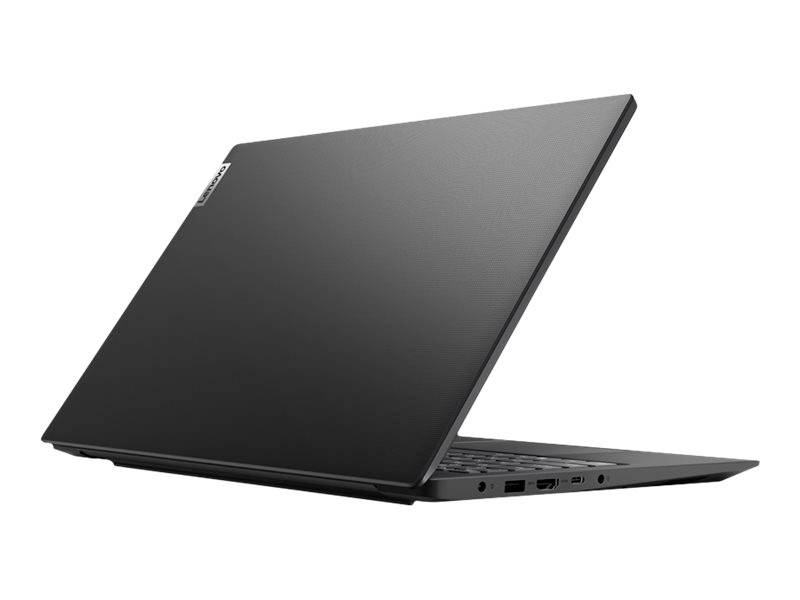 Ein schwarzer Laptop, teilweise aufgeklappt, seitliche Ansicht. Der Laptop ist dünn und elegant gestaltet und zeigt mehrere Anschlussmöglichkeiten an der Seite.