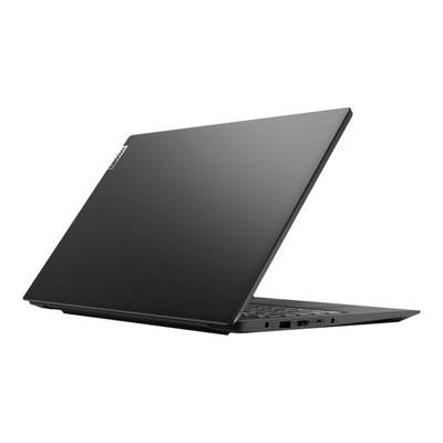 Ein schwarzer Laptop, teilweise aufgeklappt, seitliche Ansicht. Der Laptop ist dünn und elegant gestaltet und zeigt mehrere Anschlussmöglichkeiten an der Seite.