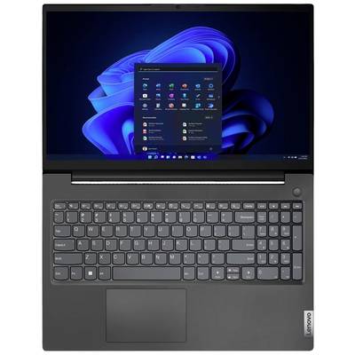Ein geöffneter Laptop mit schwarzer Tastatur und einem Bildschirm, der das Windows 11 Startmenü anzeigt. Markenlogo sichtbar auf der rechten Seite.