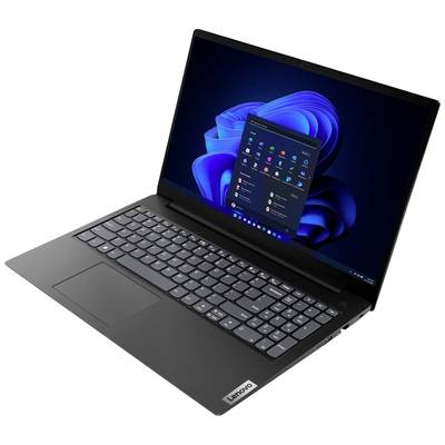 Ein schwarzer Laptop mit geöffneter Windows-Oberfläche auf dem Bildschirm. Tastatur und Touchpad sichtbar. Modell von Lenovo.