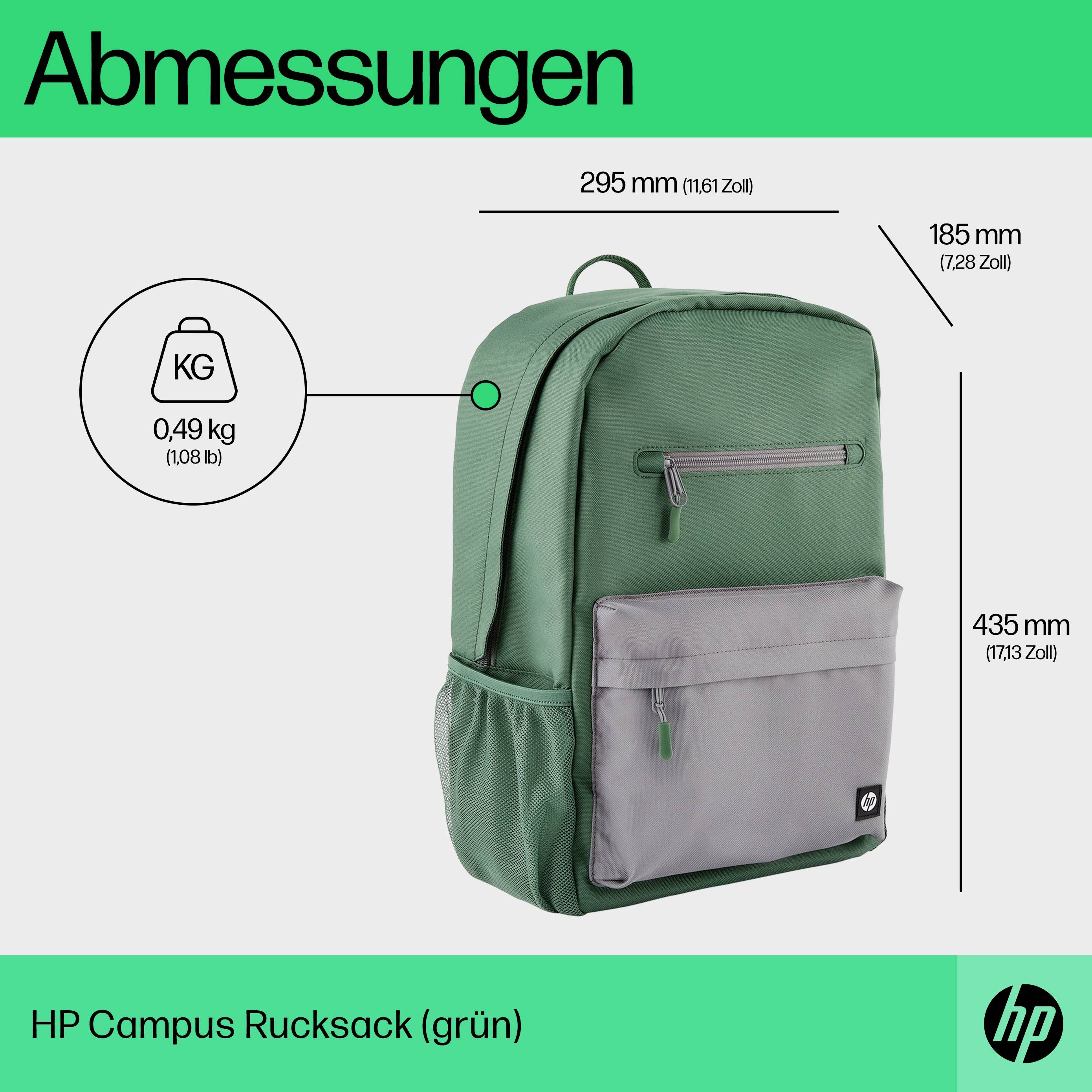 Grüner HP Campus Rucksack mit grauer Fronttasche und seitlichem Netzfach. Maße: 295 mm Breite, 435 mm Höhe, 185 mm Tiefe, Gewicht 0,49 kg.