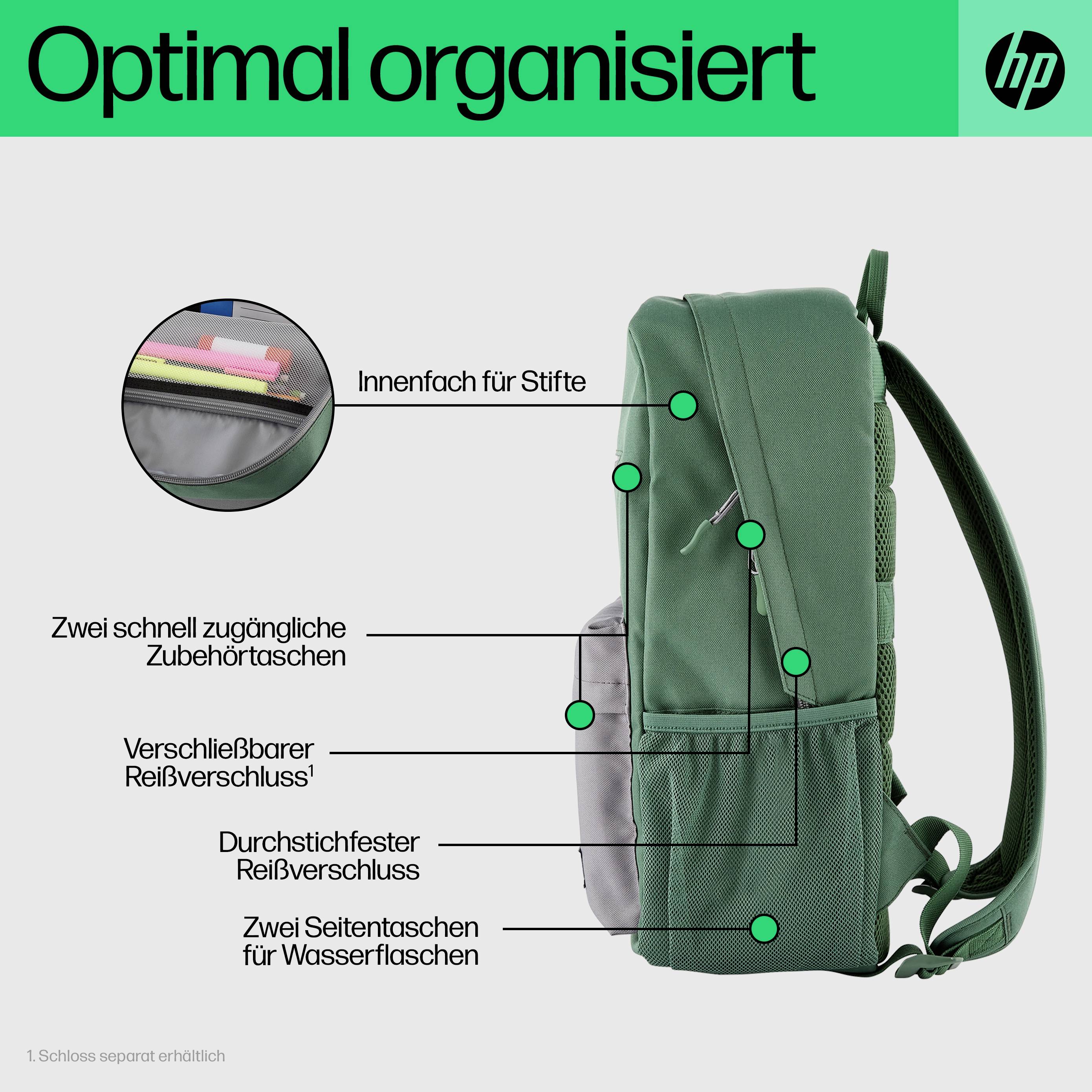 Der Rucksack ist grün und verfügt über ein Innenfach für Stifte, zwei schnell zugängliche Zubehörtaschen und verschließbare Reißverschlüsse.
