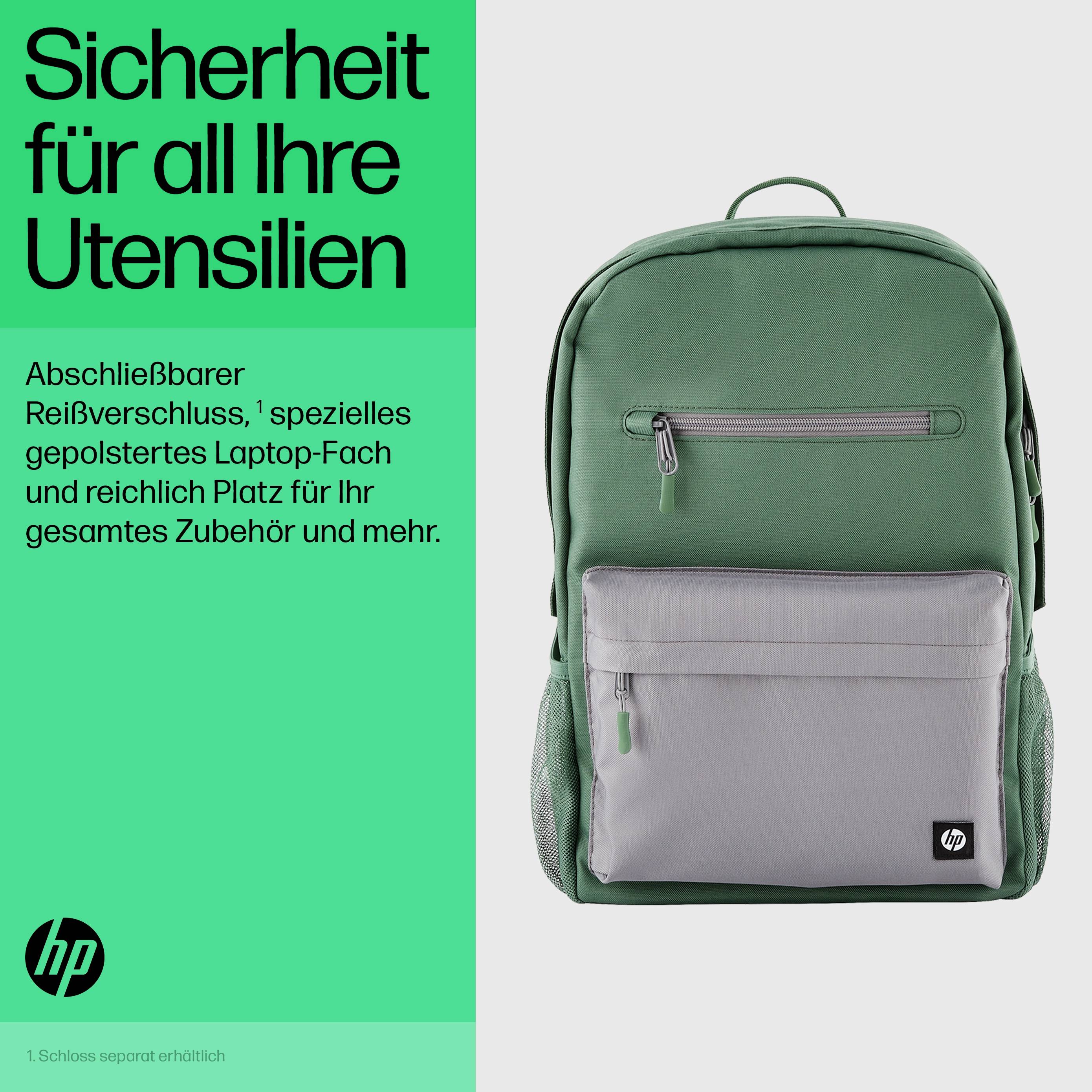 'Grüner Rucksack mit grauer Vordertasche und Trageschlaufe. Text: Sicherheit für all Ihre Utensilien; abschließbarer Reißverschluss.'