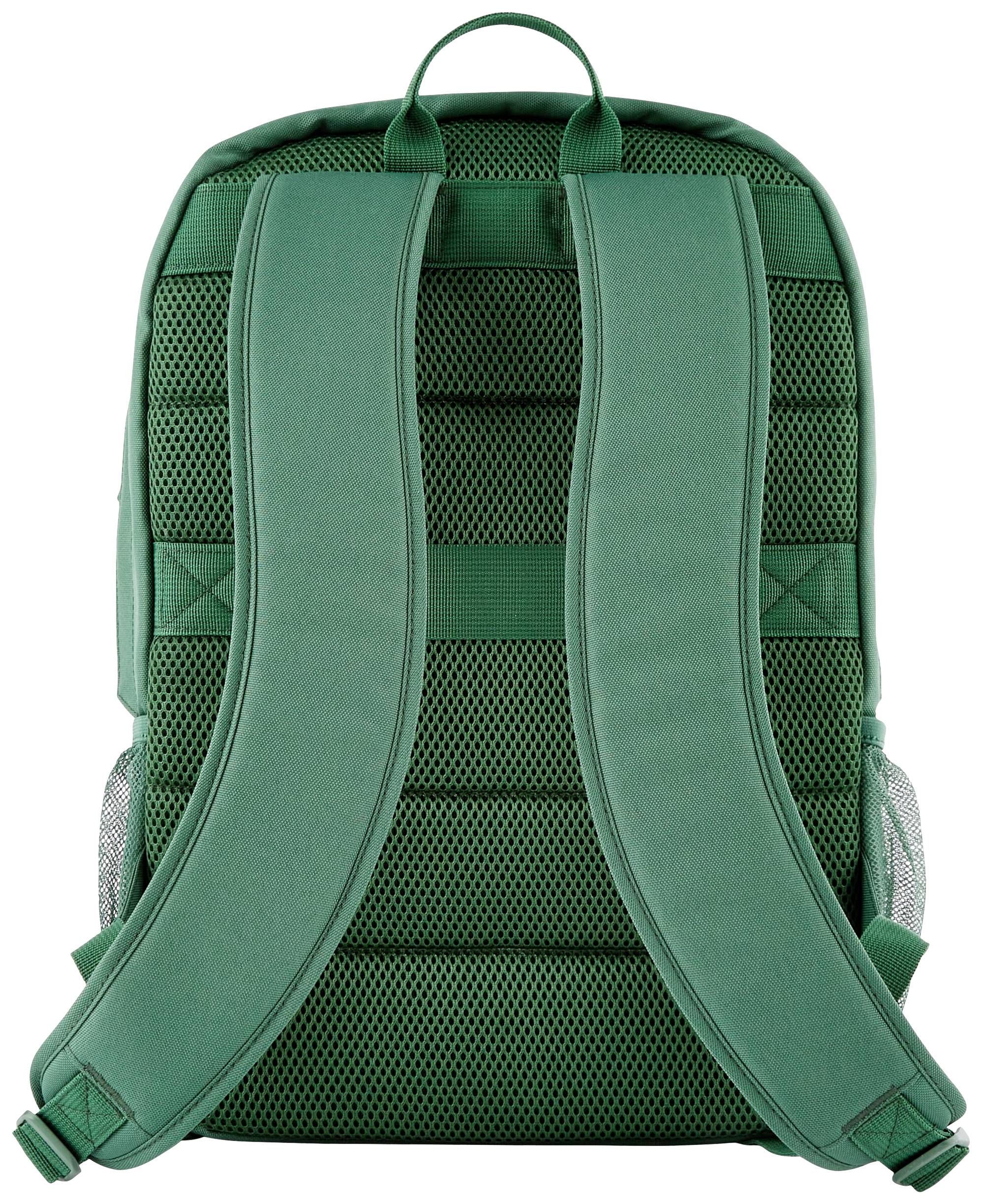 Ein grüner Rucksack mit gepolsterten Schultergurten und Netzrückenteil, ideal für Komfort und Belüftung, von hinten gesehen.