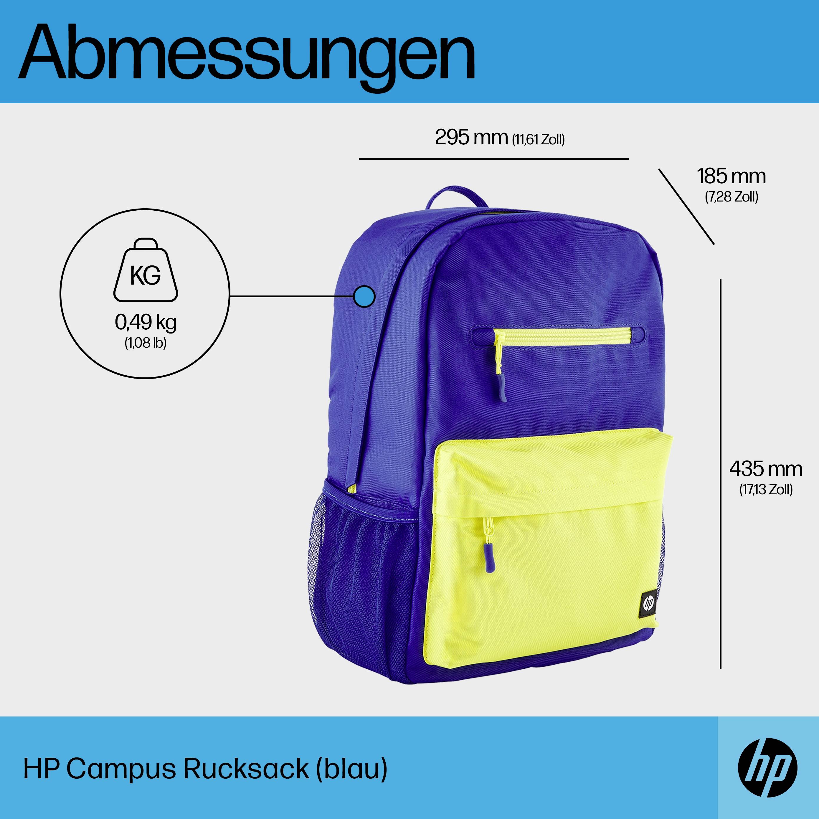 'HP Campus Rucksack in Blau mit gelber Fronttasche. Maße: 295 mm Breite, 435 mm Höhe, 185 mm Tiefe. Gewicht: 0,49 kg.'