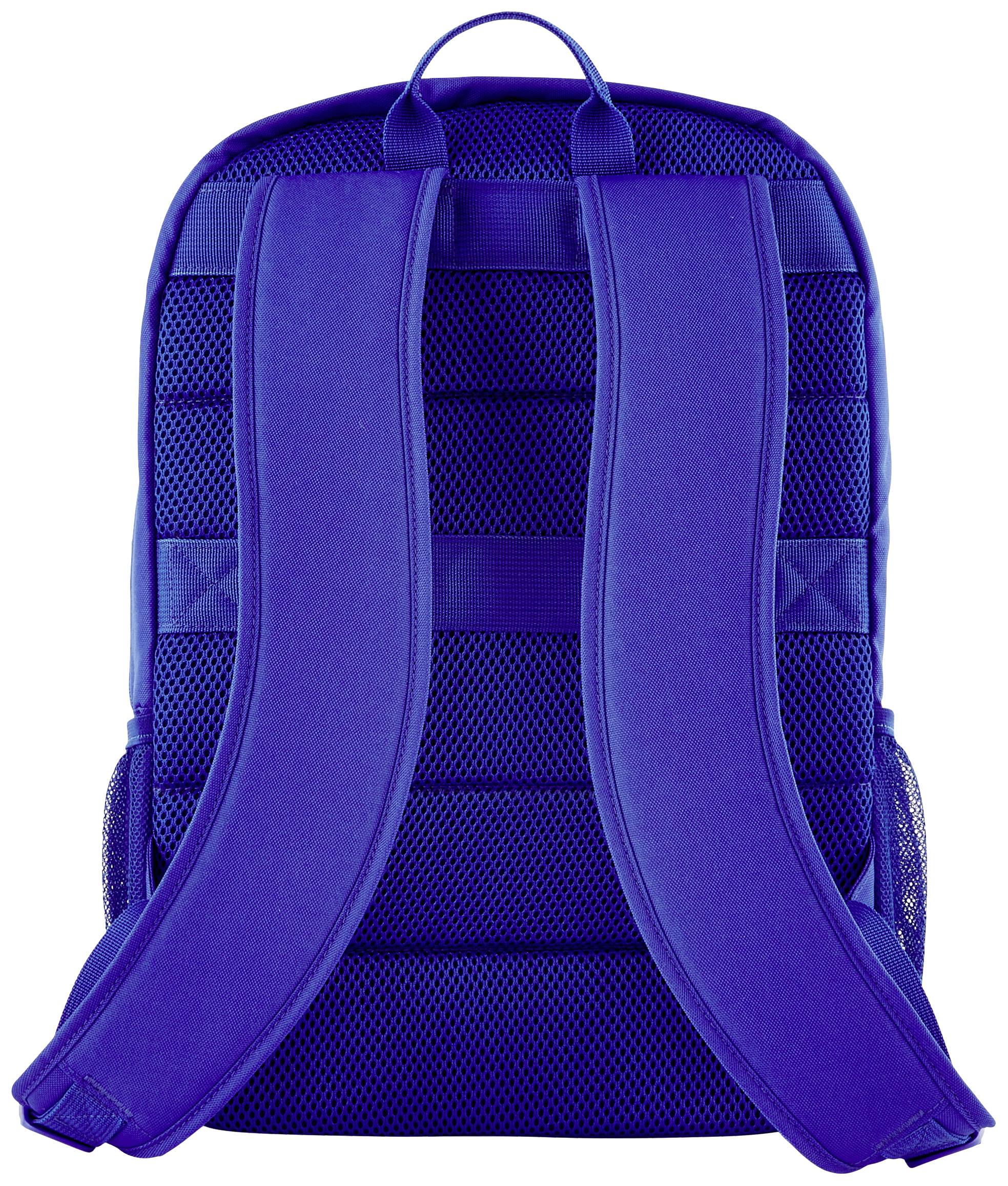 Rückansicht eines blauen Rucksacks mit gepolsterten Schultergurten und Netzstoff für Belüftung.