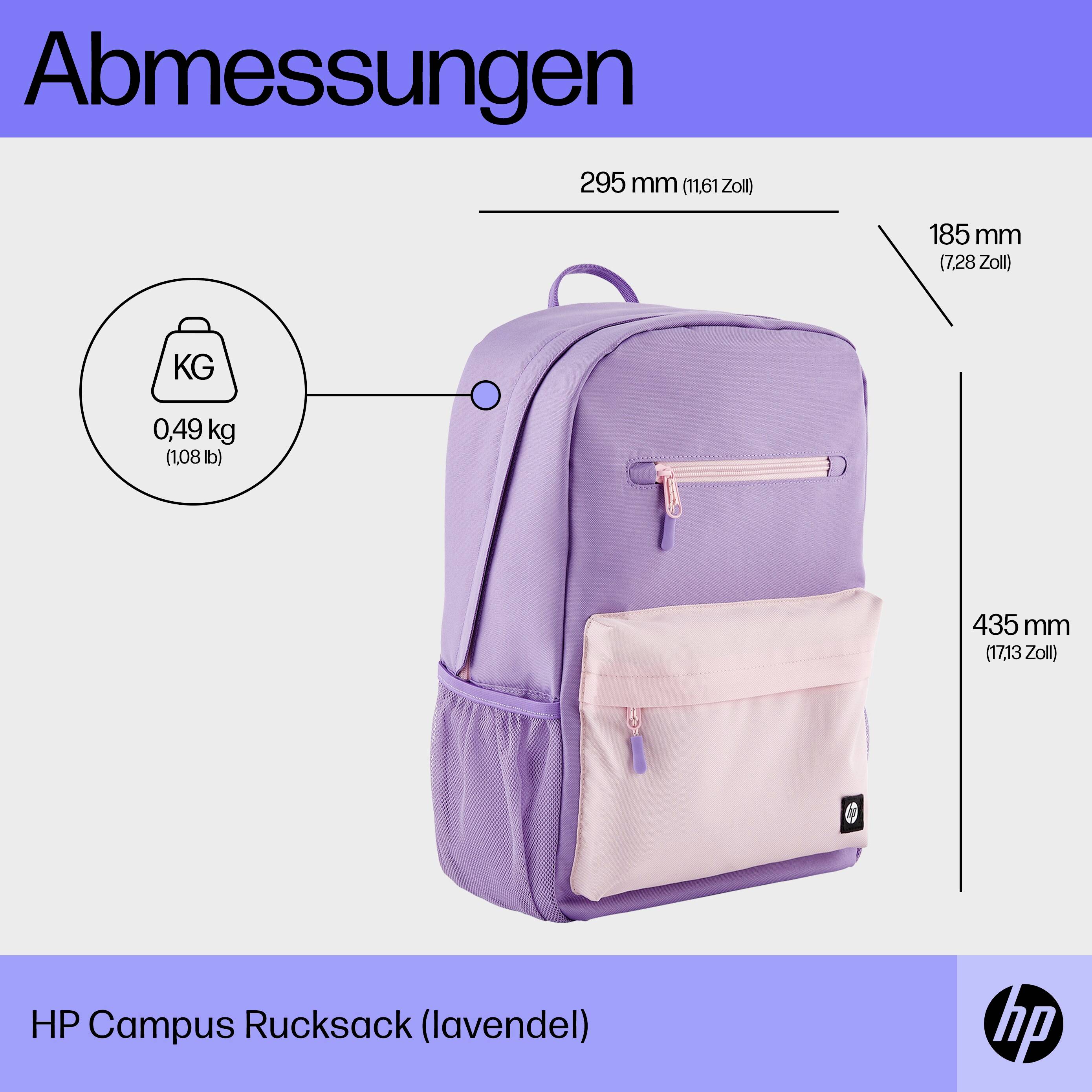 'Lila Rucksack mit zwei Fächern und einem Gewicht von 0,49 kg. Maße: 295 mm breit, 435 mm hoch, 185 mm tief. Markiert als HP Campus Rucksack.'