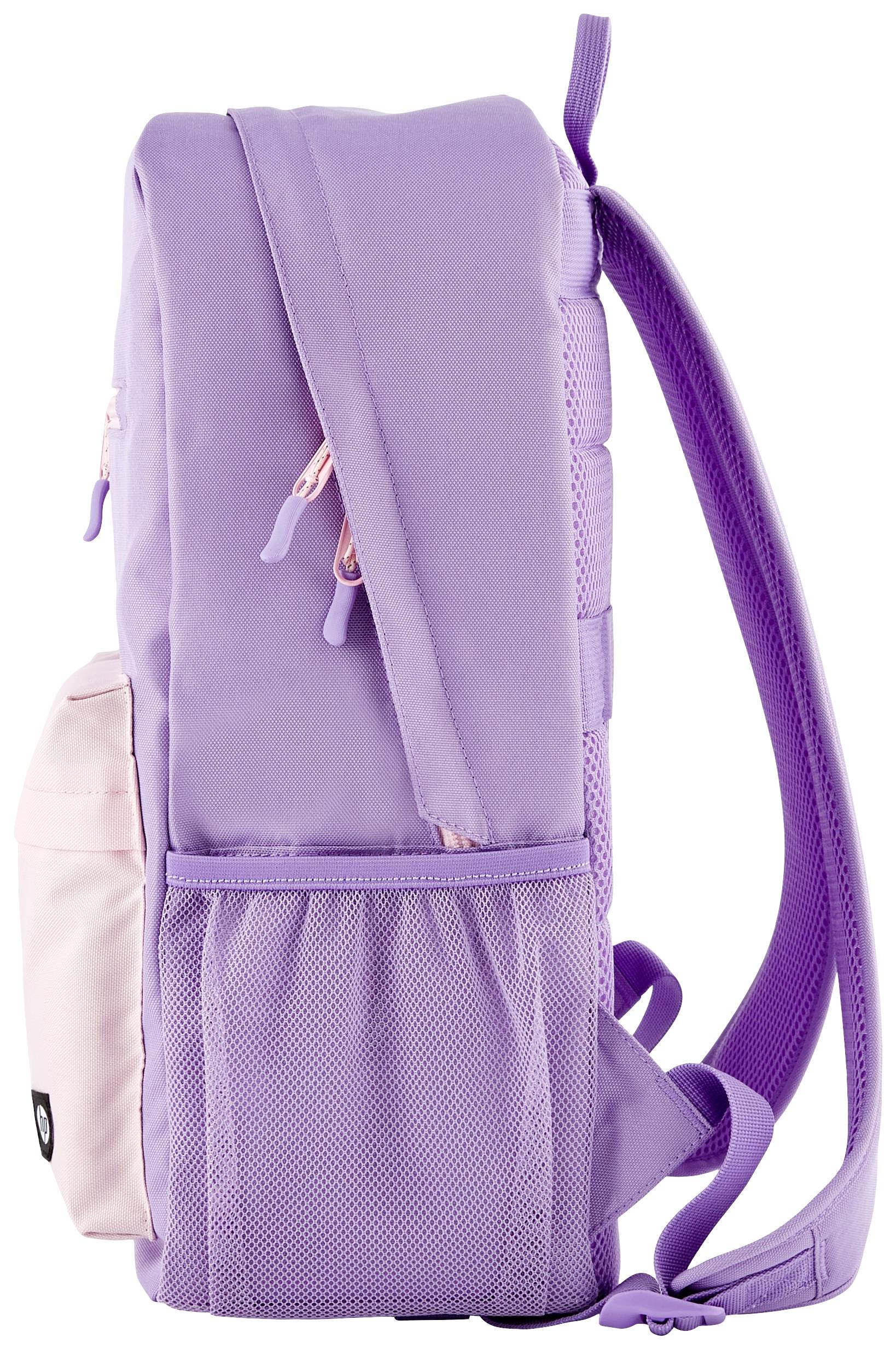 Lila Rucksack mit rosa Details, Seitenansicht. Strukturierte Gurte, Reißverschlusstasche und Netzseitentasche sichtbar.