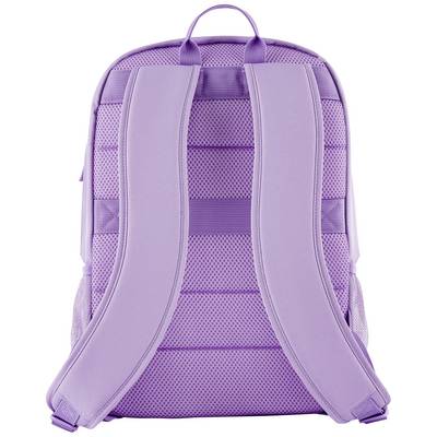 Ein lila Rucksack von hinten, mit gepolsterten, verstellbaren Trägern und einem Obergriff. Mesh-Design für Belüftung.