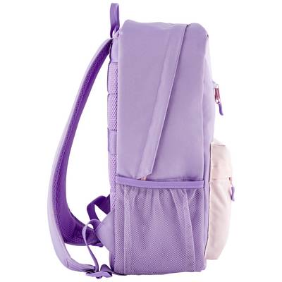 Lila Rucksack aufrecht stehend, Seite sichtbar, mit verstellbaren Trägern und Netzseitentaschen.