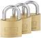 Drei Vorhängeschlösser aus Messing, übereinander stehend. Auf jedem Schloss steht 'BURG WÄCHTER SECU LOCK'.