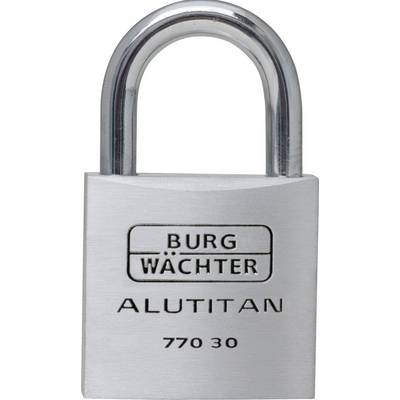 Ein silbernes Vorhängeschloss mit der Aufschrift 'BURG WÄCHTER ALUTITAN 770 30'.