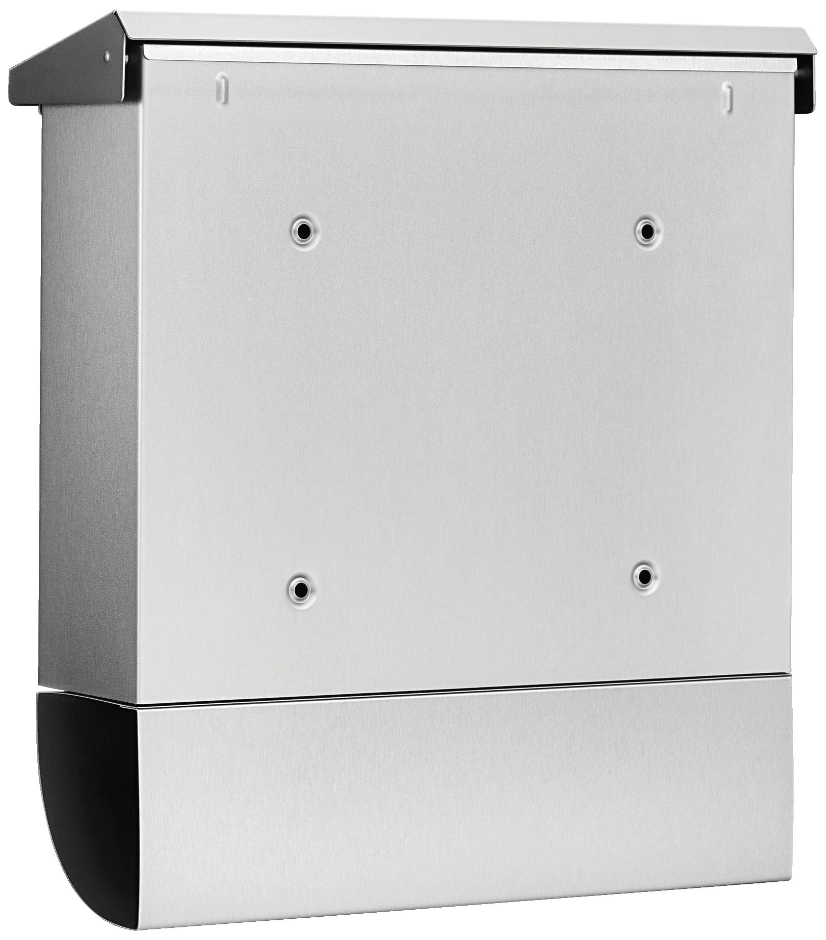 Ein silberner, rechteckiger Wandbriefkasten aus Metall mit einem abgerundeten Boden und vier sichtbaren Befestigungslöchern an der Front.