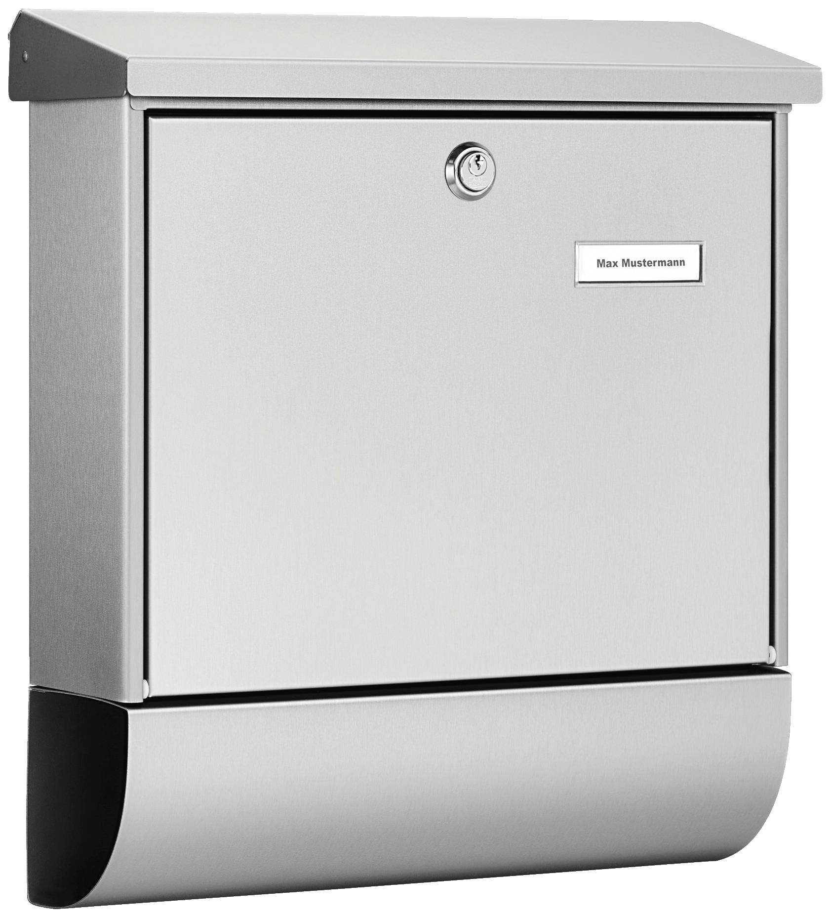 Ein silberner Briefkasten mit einem Namensschild 'Max Mustermann' und einem Schlüsselloch in der Mitte der oberen Klappe.