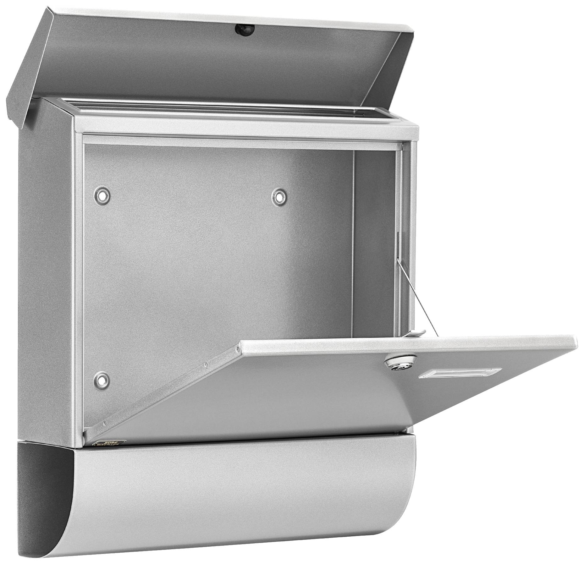 Ein offener silberner Briefkasten aus Metall mit Zeitungsfach darunter.