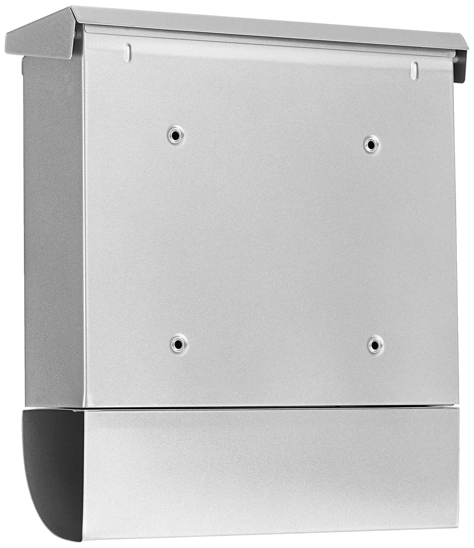 Metallbriefkasten mit Zeitungsfach. Rechteckige Form, silberne Farbe, vier Schraublöcher zur Wandmontage.