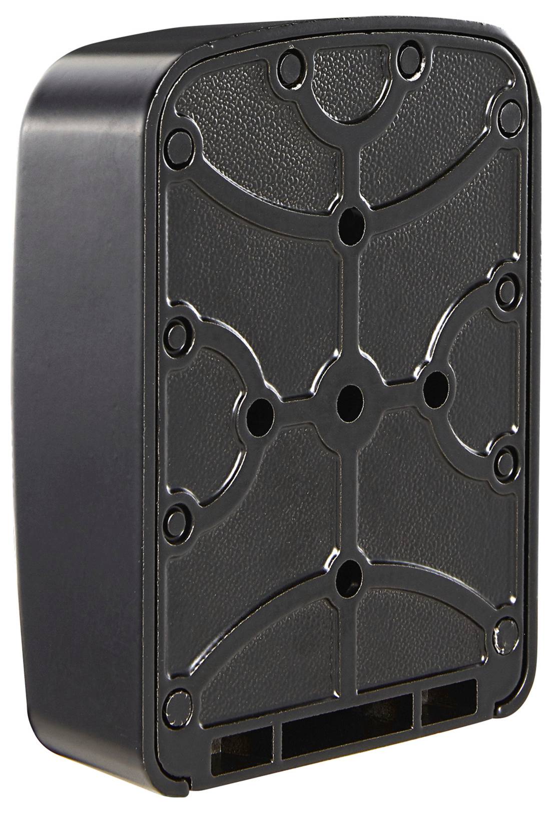 Schwarzes, rechteckiges Plastikgehäuse mit abgerundeten Ecken und mehreren Schraublöchern. Rückseite mit strukturierter Oberfläche.