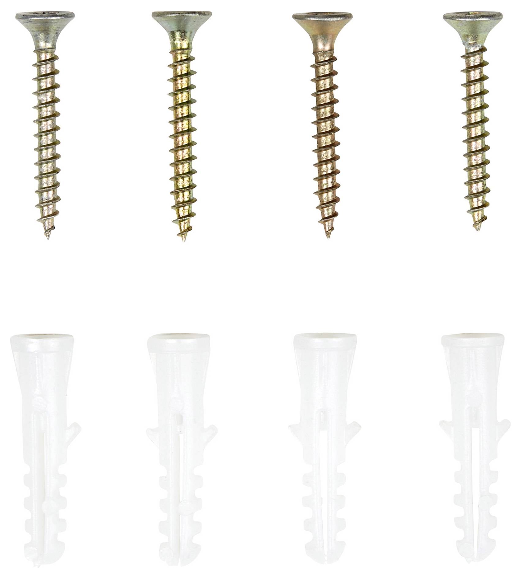 'Vier Metallschrauben und vier weiße Dübel, gleichmäßig angeordnet. Jedes Set dient der Befestigung in festen Materialien.'