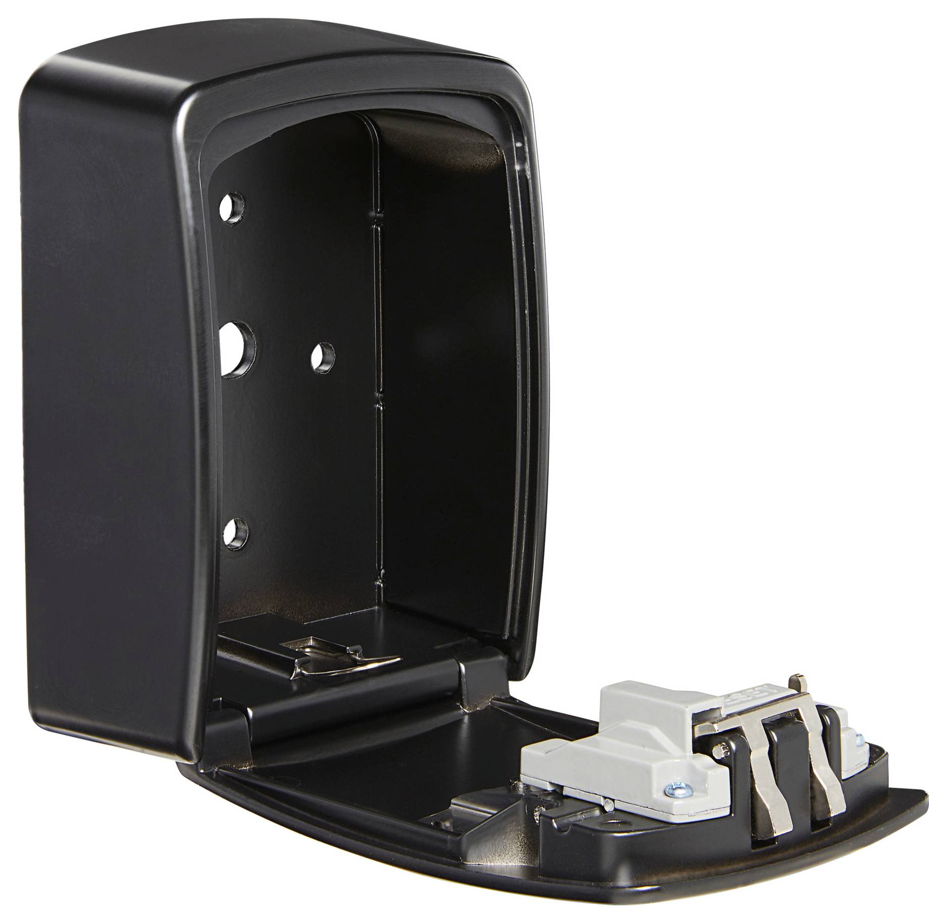Ein schwarzer, offener Schlüsselsafe aus Metall mit Wandschraubenlöchern und einem Zahlenschlossmechanismus an der Innenseite der Tür.