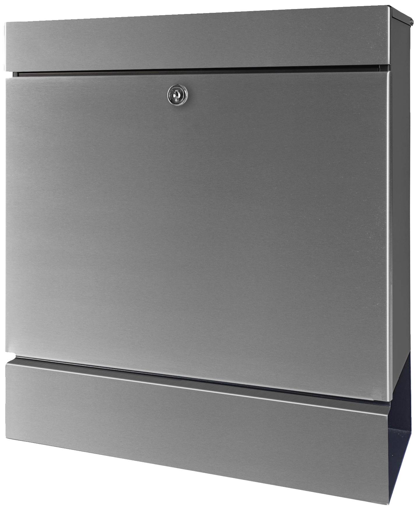 Ein moderner, silberner Briefkasten aus Metall mit Schloss und schlichtem Design.