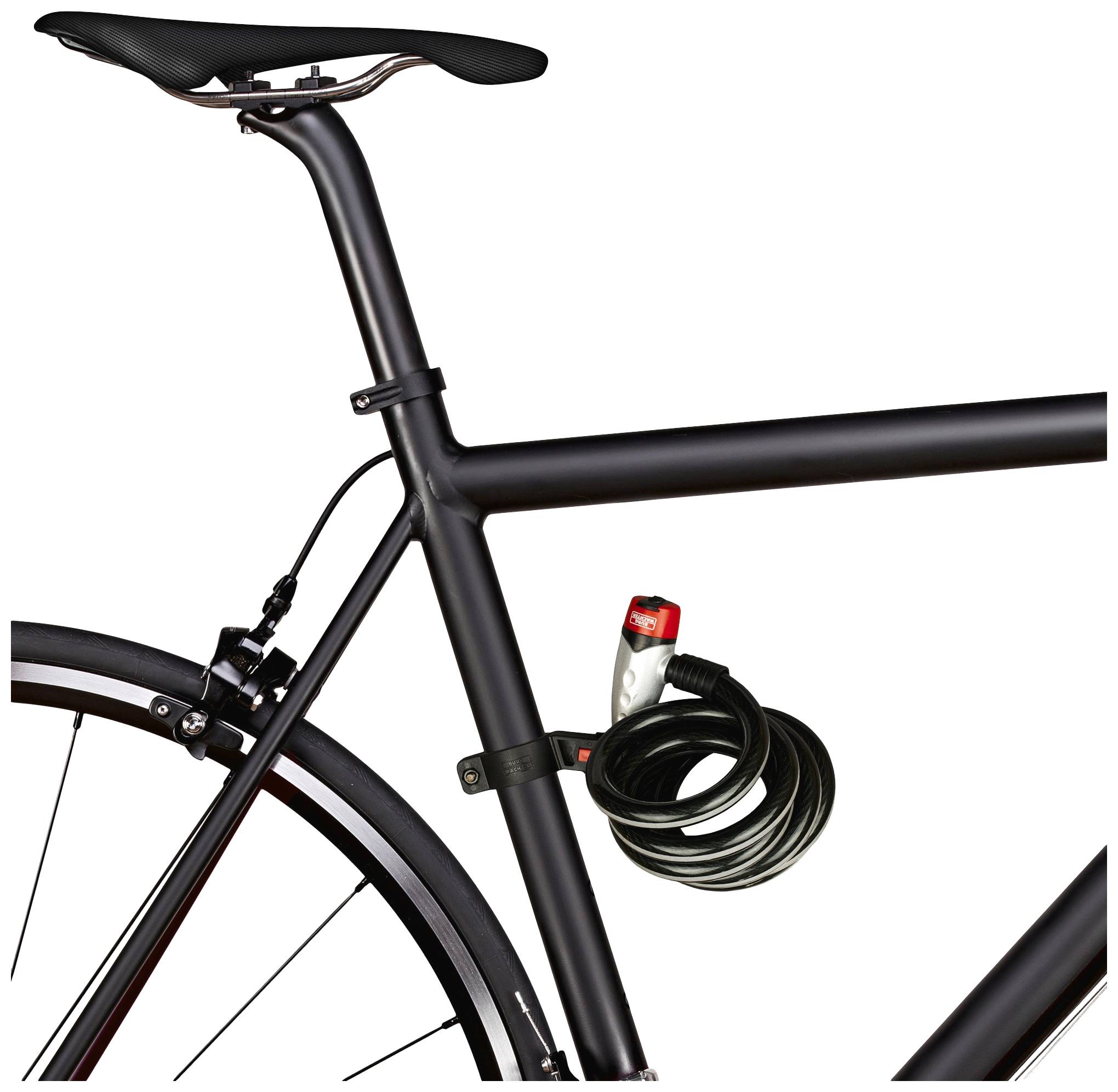 Schwarzes Fahrrad mit montiertem schwarzen Kabelschloss. Sattel, Rahmen und ein Teil des Hinterrads sind sichtbar.