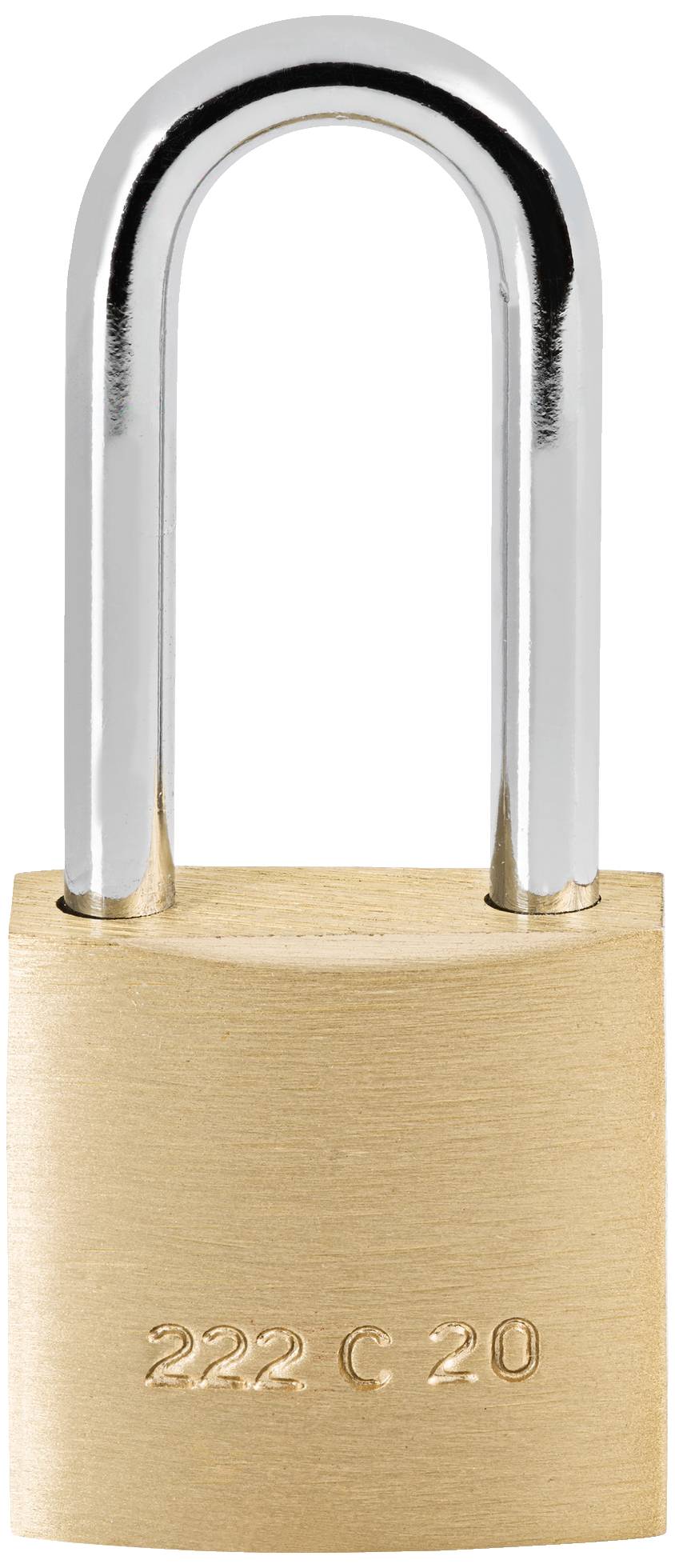 Vorhängeschloss aus Messing mit silbernem Bügel, eingraviert mit '222 C 20', symbolisiert Sicherheit und Schutz.