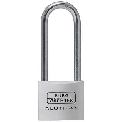 Ein silbernes Vorhängeschloss der Marke 'Burg-Wächter Alutitan'.