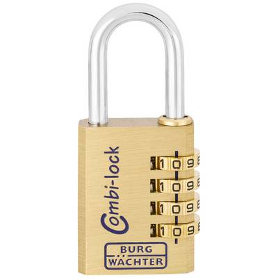 Ein Vorhängeschloss mit Zahlenschloss, markiert als 'Combi-lock' von 'Burg Wächter', zeigt die Zahlenkombination 0-9-6-5.