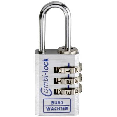 Silbernes Zahlenschloss mit drei drehbaren Zahlenrädern. Text 'Combi-Lock' und 'Burg Wächter' auf dem Schließkörper.