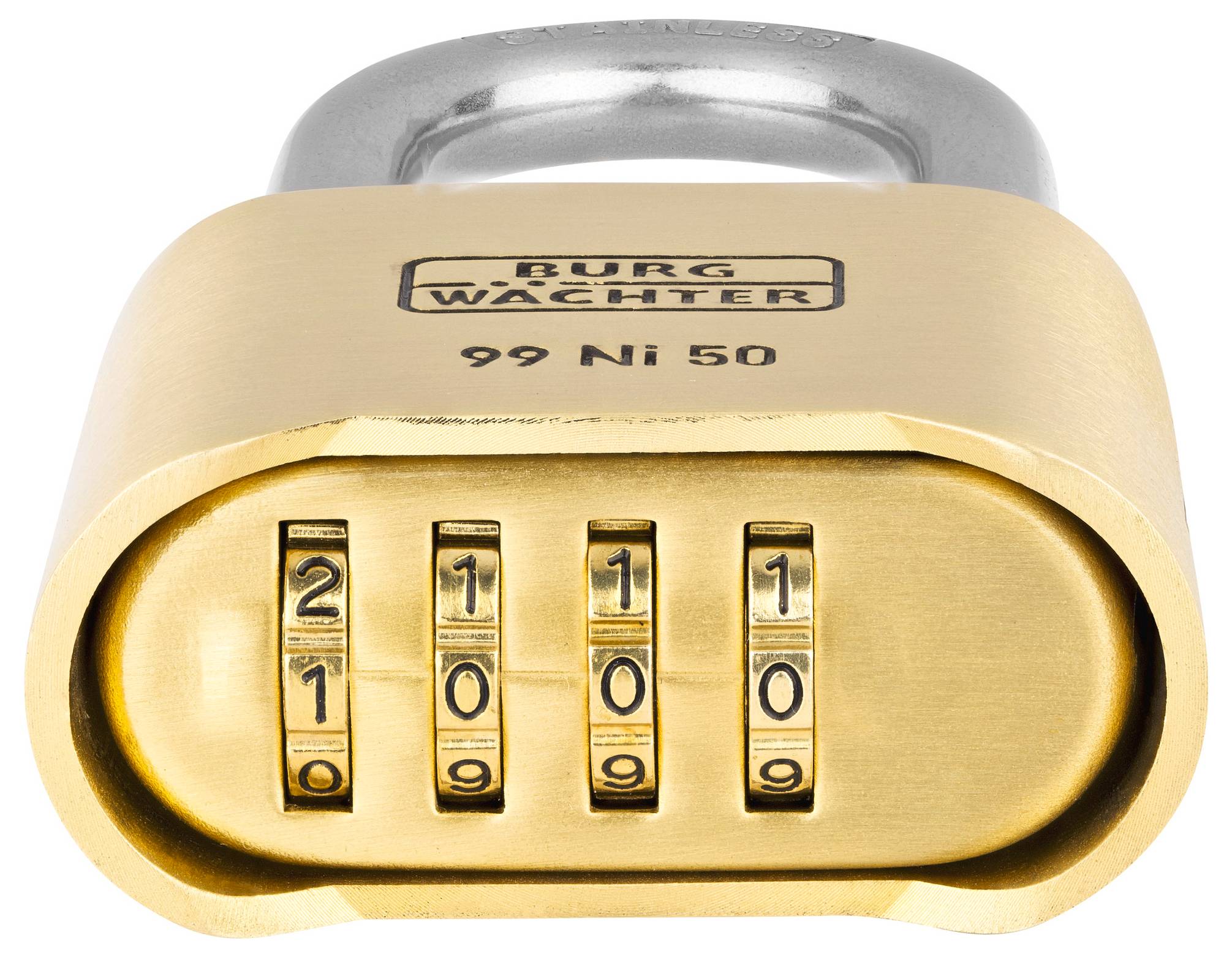 Ein goldfarbenes Zahlenschloss mit vier Rädchen, auf denen die Zahlen '2110' eingestellt sind. Oberhalb steht die Marke des Schlosses.