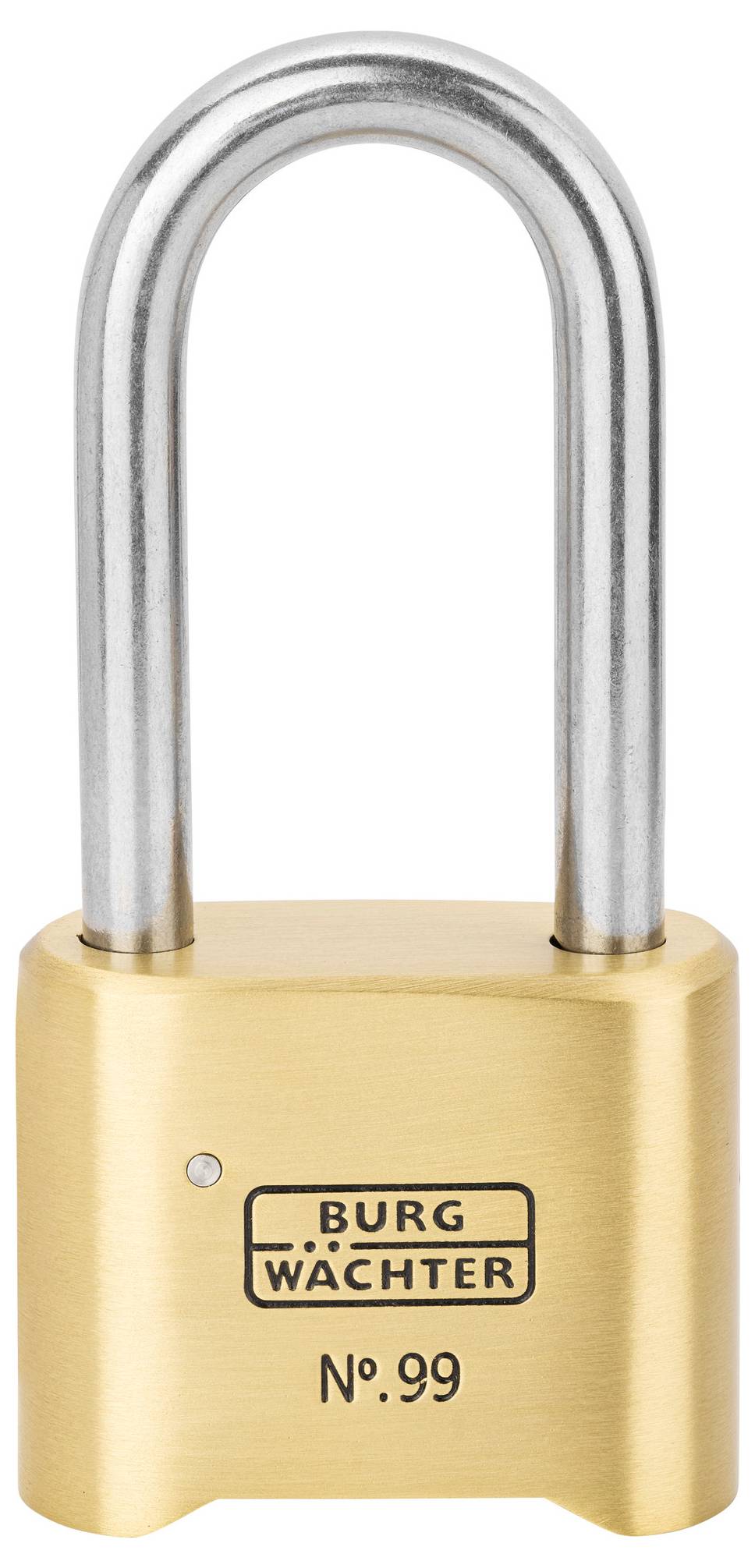 Ein goldfarbenes Vorhängeschloss mit der Aufschrift 'Burg Wächter No. 99'.