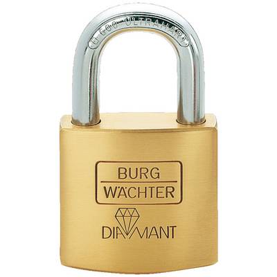 Ein Vorhängeschloss aus Messing mit der Aufschrift 'Burg Wächter Diamant', dargestellt vor einem neutralen Hintergrund.
