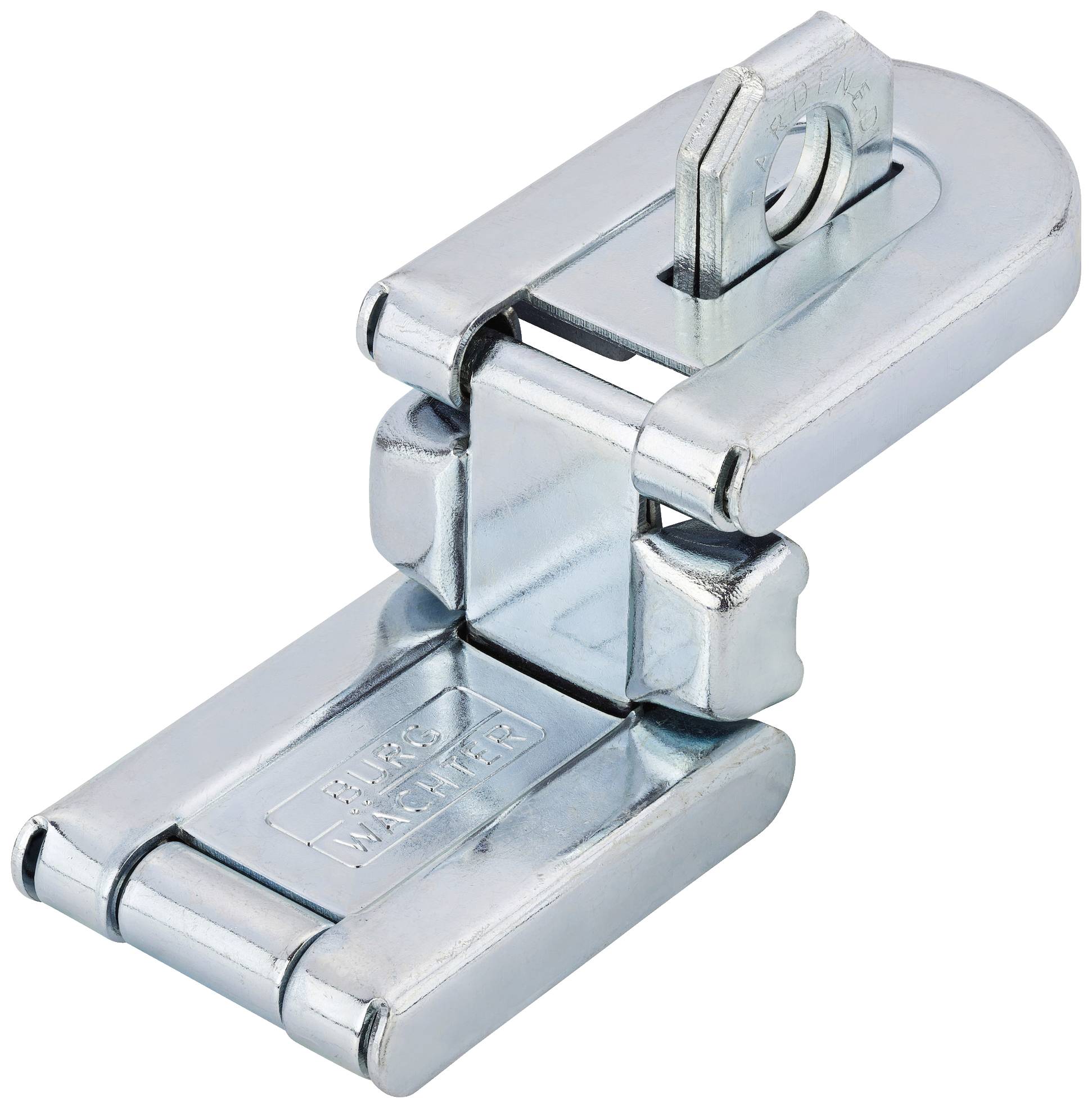 Metallscharnier in geschlossenem Zustand, silberfarben, mit rechteckiger Grundplatte und kreisförmiger Öse oben zur Befestigung.