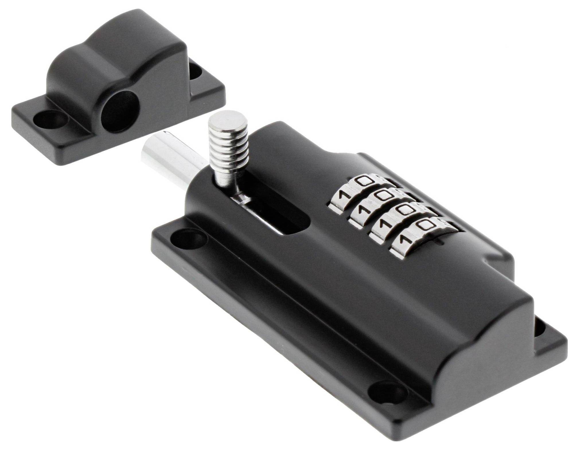 Zahlenschloss-Riegelsystem in Schwarz mit vierstelliger Zahlenkombination und Metallbolzen, geeignet für Tür- oder Schubladensicherungen.