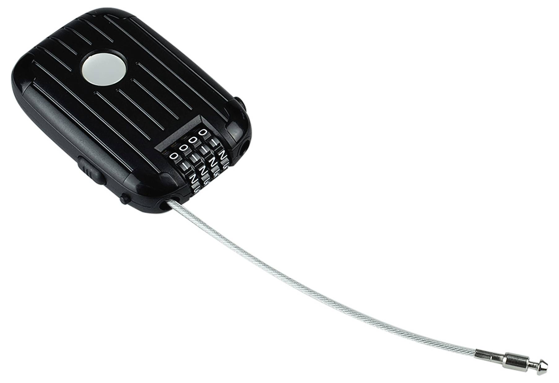 Tragbares Zahlenschloss mit ausziehbarem Kabel, ideal für die Sicherung von Gegenständen unterwegs. Schwarzes Gehäuse mit vierstelliger Zahlenkombination.