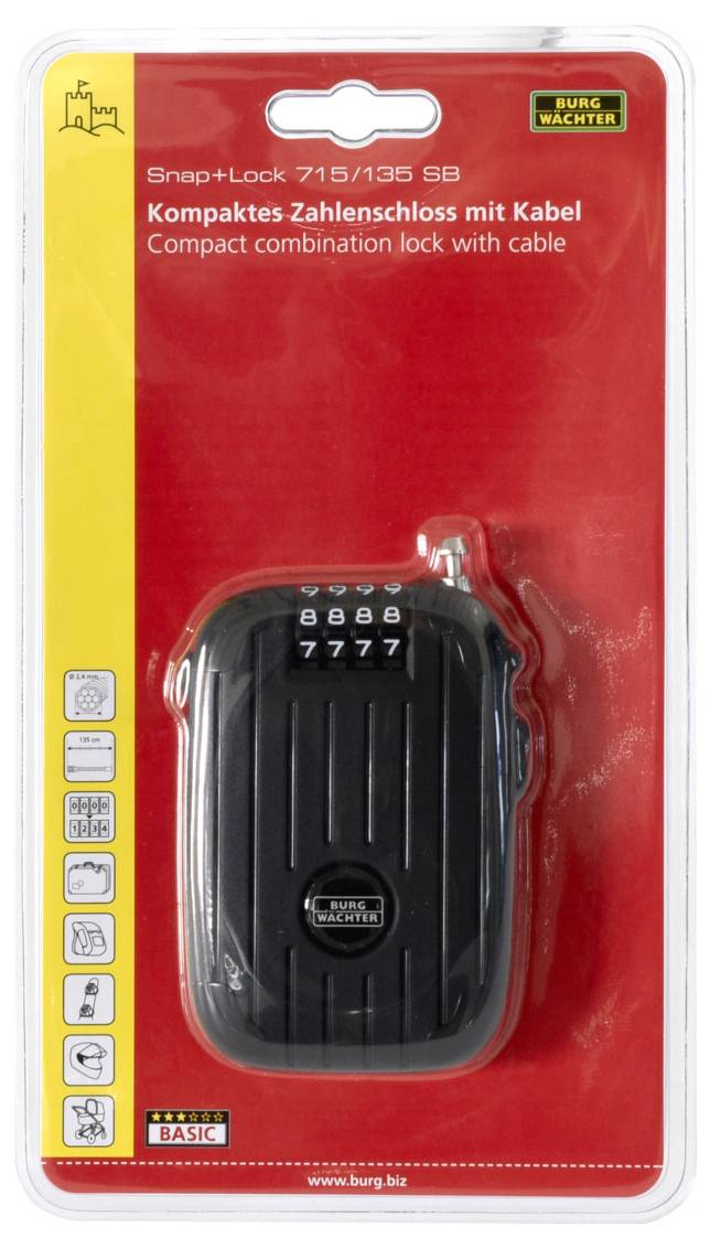 'Kompaktes Zahlenschloss mit Kabel' von Burg-Wächter, abgebildet in seiner Verpackung, bietet Sicherheit für Reisen und Gepäck.