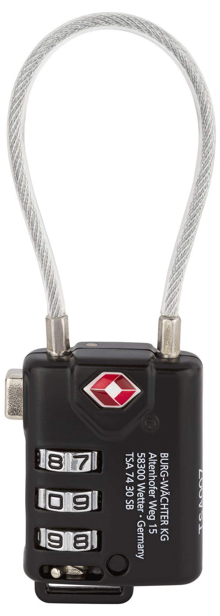 Ein schwarzes Zahlenschloss mit Drahtseil und rotem Symbol. Es zeigt die Zahlen 7, 9, 8, 1 an.