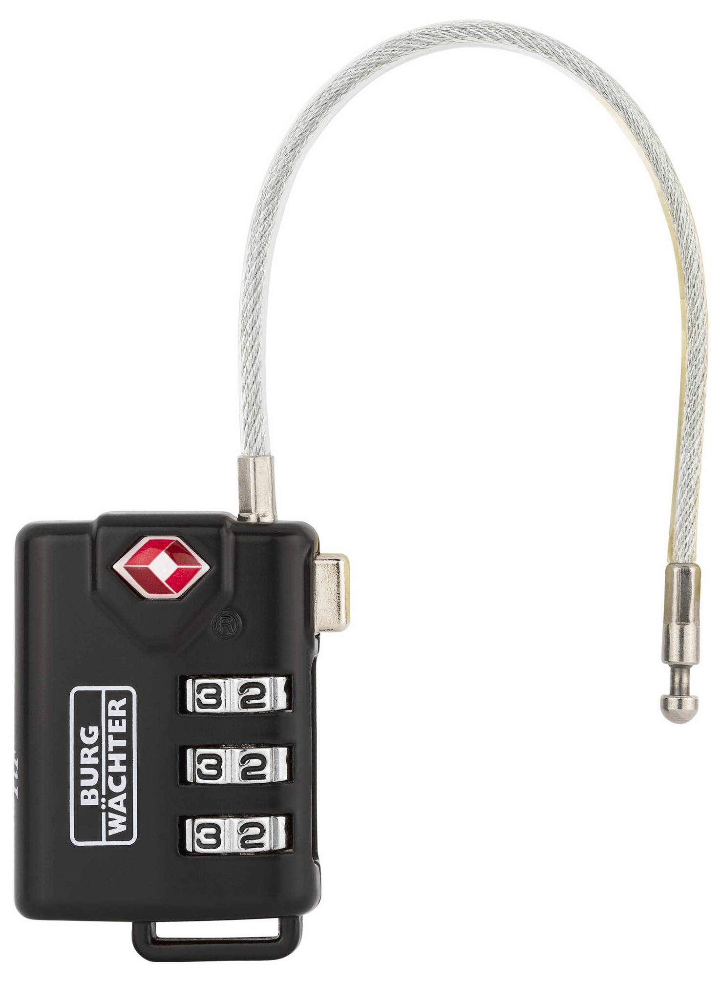 Schwarzes Zahlenschloss mit drei Ziffernrollen und flexiblem Kabelbügel. Marke 'Burg Wächter'. Symbol für Reise- oder Gepäcksicherheit.