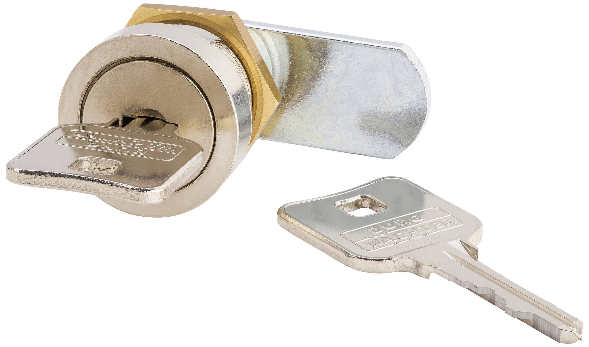 Ein Zylinderschloss mit einem eingesteckten Schlüssel und einem zusätzlichen Schlüssel daneben auf einer hellen Oberfläche.