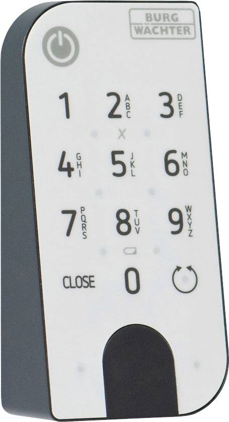 Elektronisches Zahlenschloss mit Touchpad und Tasten 0-9. Markenname 'Burg Wächter'. Tasten für Öffnen und Schließen.