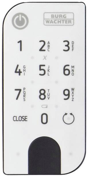 Tastatur eines elektronischen Schlosses, Zahlen von 0 bis 9 und Buchstaben A bis Z. Oben links ein Netzschalter, unten rechts 'CLOSE'.
