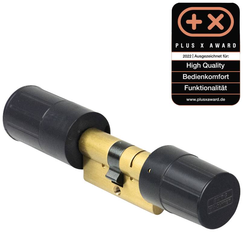 Ein goldener Türzylinder mit schwarzem Gehäuse. Rechts ein 'Plus X Award'-Logo für hohe Qualität, Bedienkomfort und Funktionalität (2022).