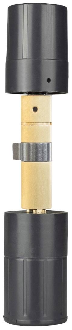 Ein zylindrisches Gerät mit zwei schwarzen Enden und einem goldenen Mittelteil, verbunden durch eine Metallklammer. Zweck nicht ersichtlich.