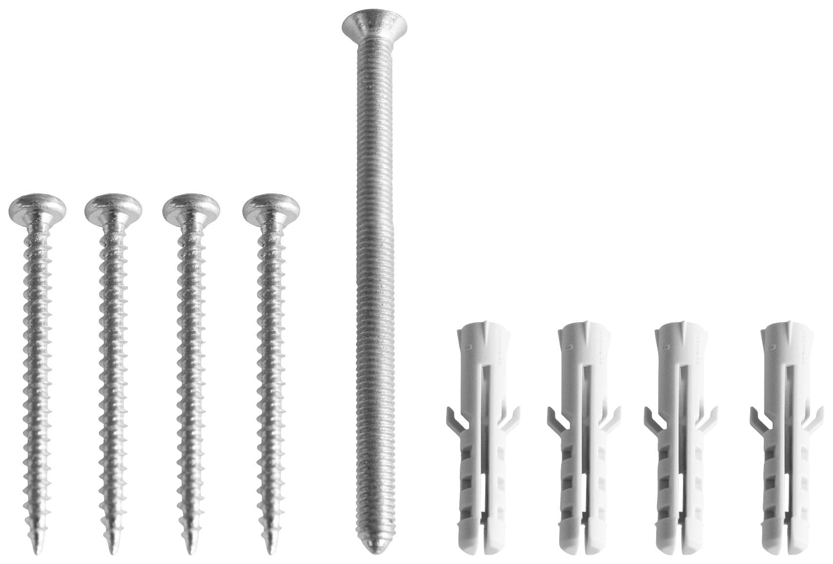 Set aus fünf Schrauben, einer langen Schraube und sechs Dübeln, auf weißem Hintergrund. Geeignet für Montage und Befestigung.