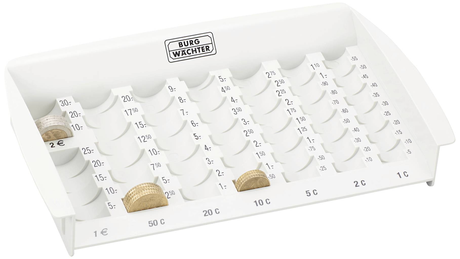 Ein Münzzähler-Tablett mit verschiedenen Münzsorten in Euro. Münzen sind in Fächern für 1 Cent bis 2 Euro sortiert.