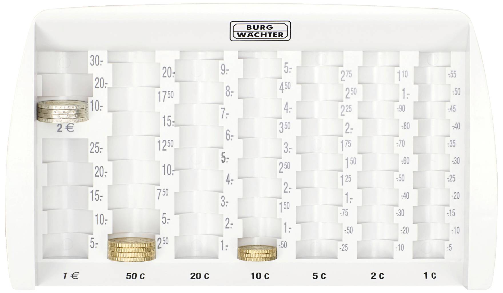 Münzsortierer aus Kunststoff mit verschiedenen Münzen: 2 Euro, 50 Cent, 20 Cent und 10 Cent. Jede Münze hat eine markierte Position.