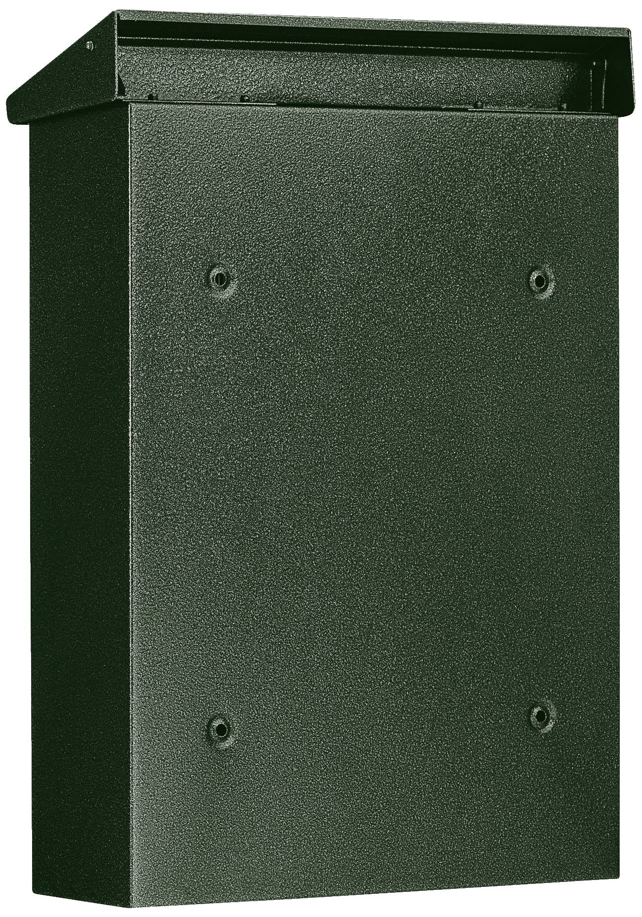 Ein schwarzer Metallbriefkasten mit einer verschließbaren Klappe.